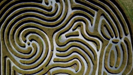 Downward-Aerial-View-Of-Garden-Maze,-the-peace-maze