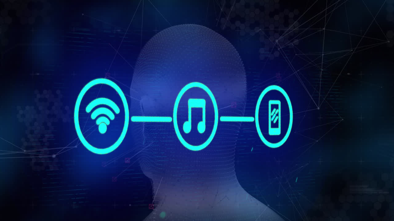 Animazione di una testa umana ed elaborazione dati con icone