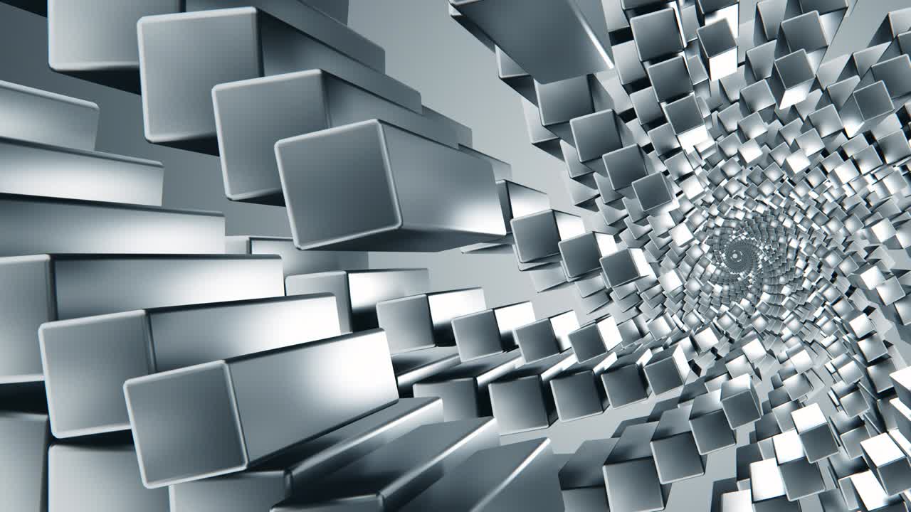 cajas metálicas de tecnología abstracta de túnel. renderizado de bucle sin costuras. construcción de metal plateado esquinas afiladas con reflejos. interior futurista de ciencia ficción. cámara se mueve hacia adelante. 4k uhd
