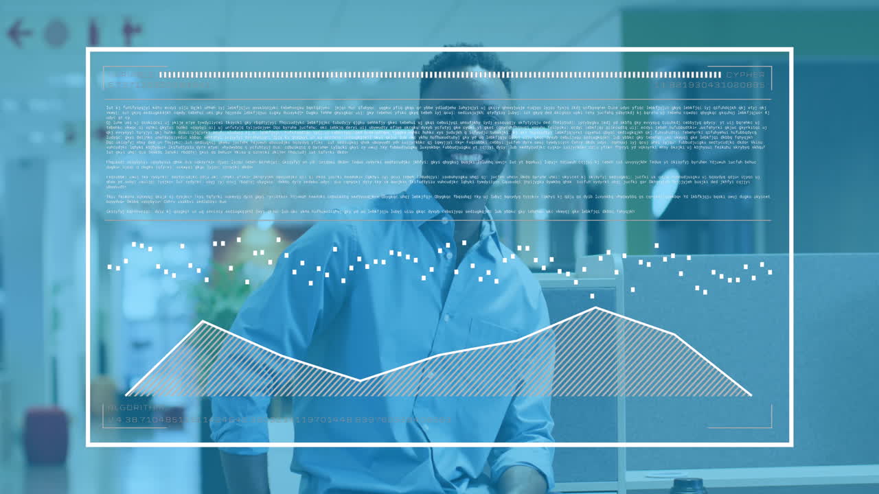 Animation of statistical data processing against portrait of african american man smiling at office