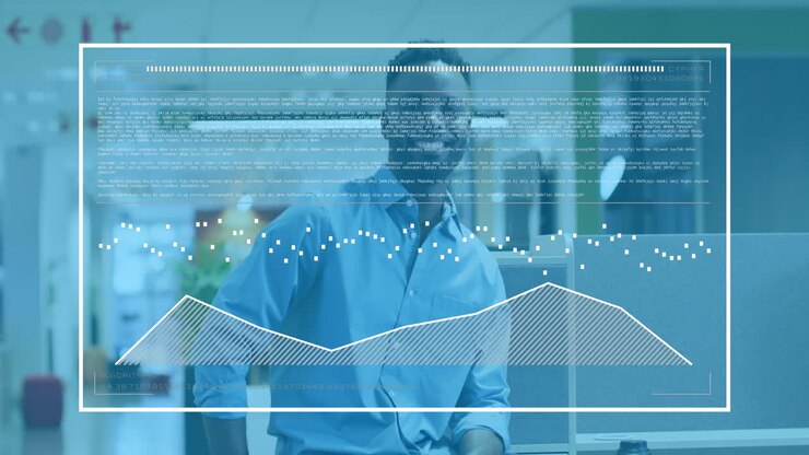 Animation of statistical data processing against portrait of african american man smiling at office