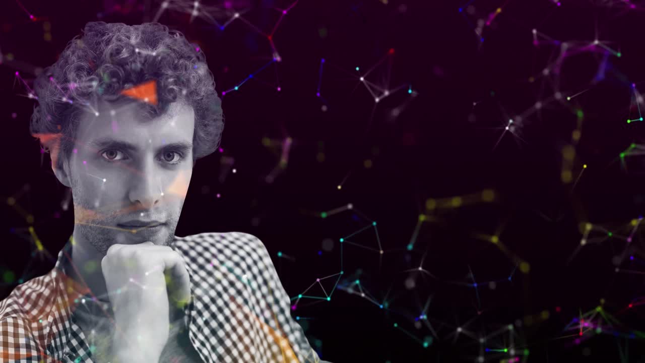 red de conexiones contra el hombre con la mano en la barbilla