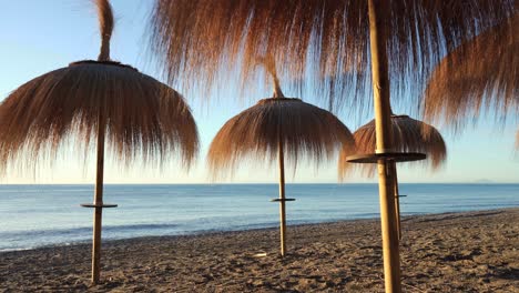 gimbal shot of parasols on marbella beach at sunrise, holiday vacation dynamic footage