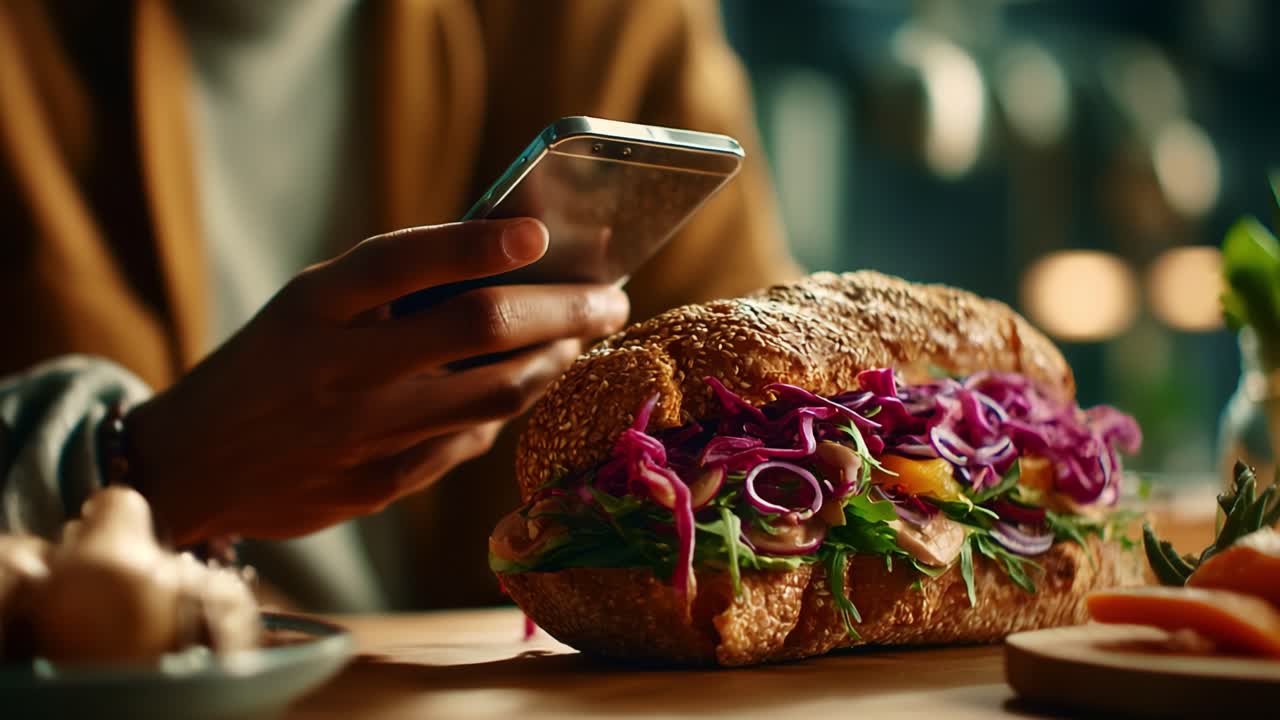 Capturing the Perfect Bite: A Close-Up of a Delicious Submarine Sandwich with Fresh Ingredients, Vibrant Colors, and a Person Engaging with Their Smartphone in a Cozy Setting