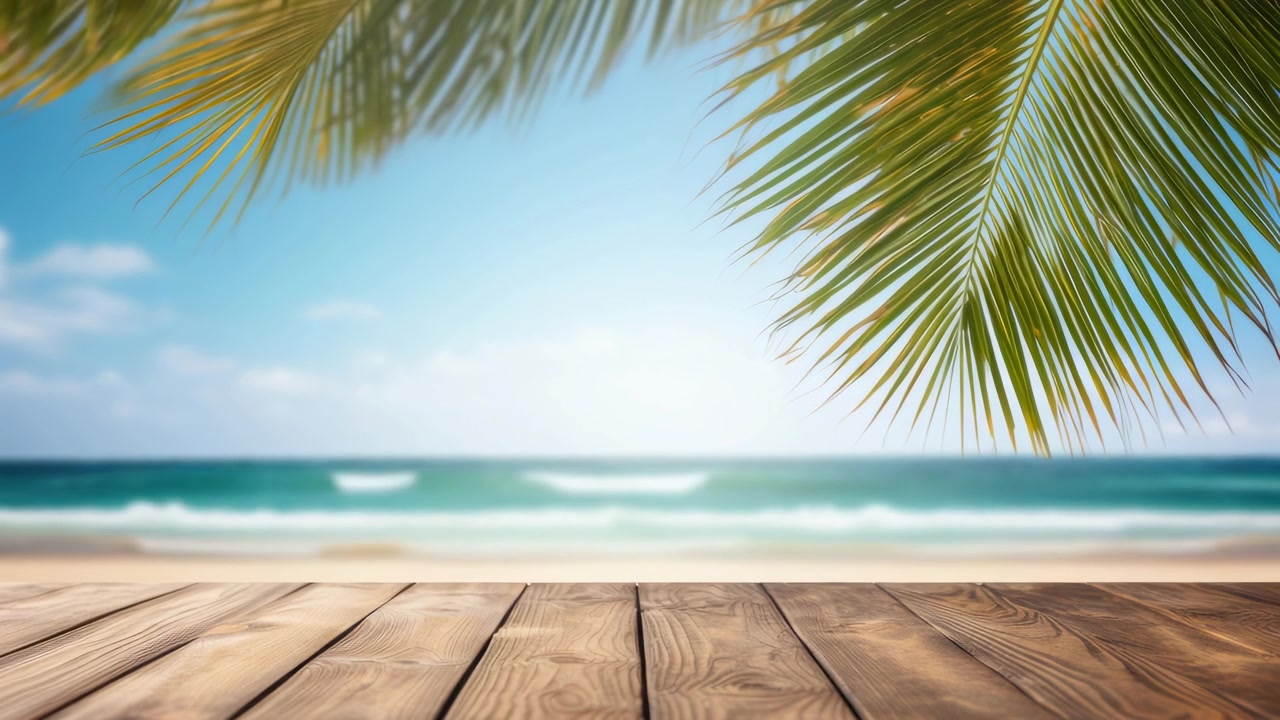 Empty Wooden Deck Overlooking Tropical Beach with Palm Leaves