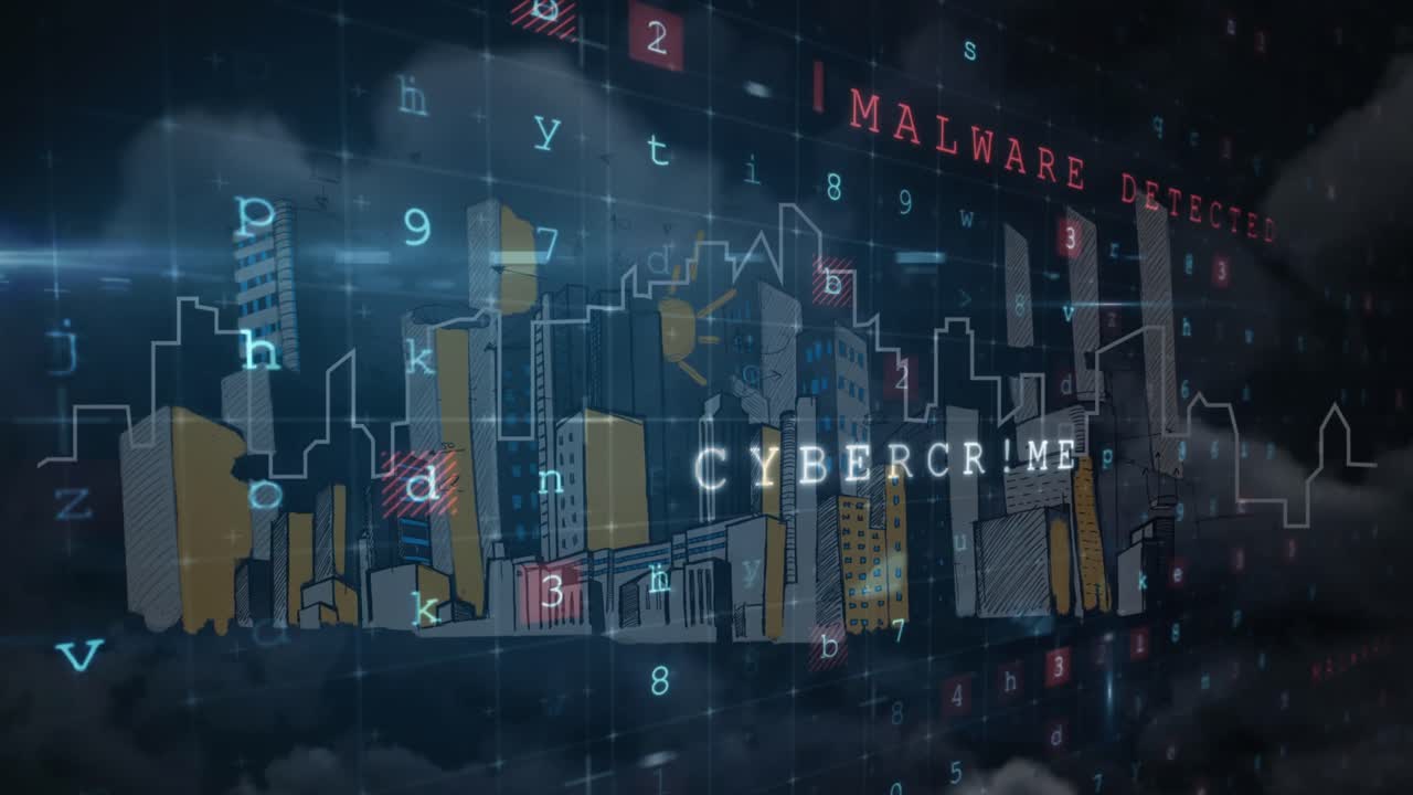 도시 풍경 위의 사이버 범죄 텍스트의 애니메이션