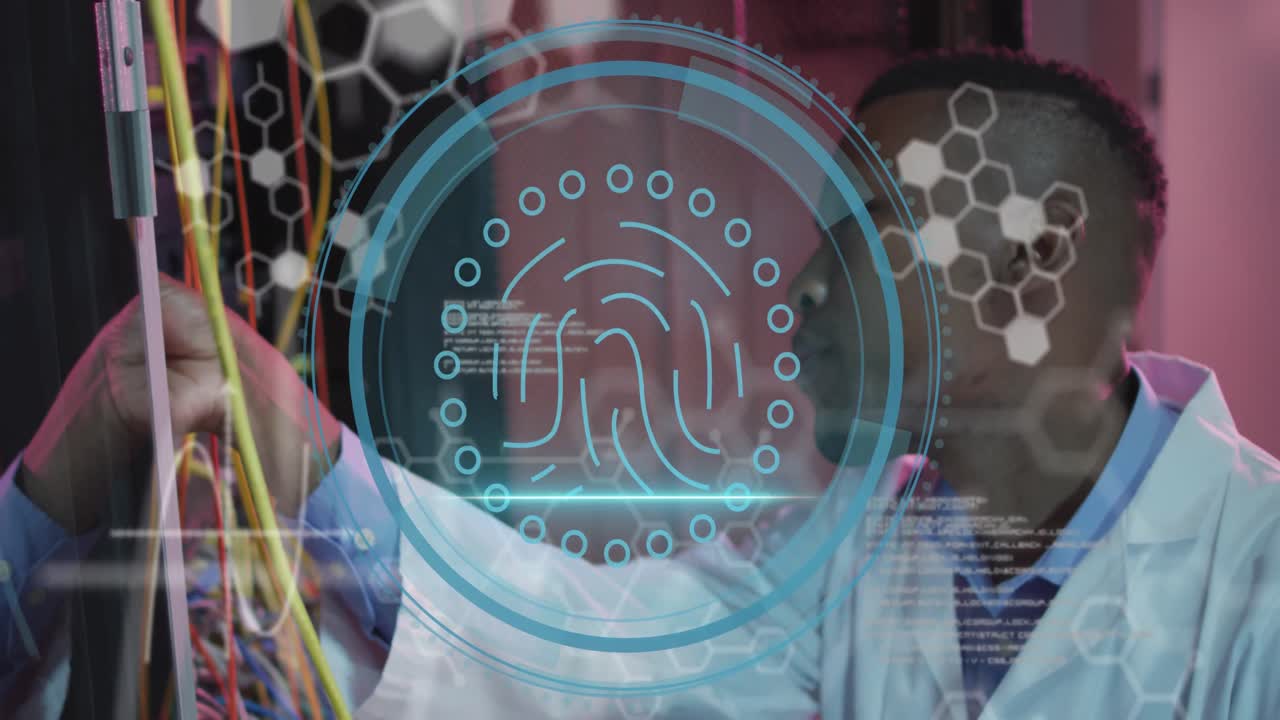 Animation of data processing over african american male worker in server room