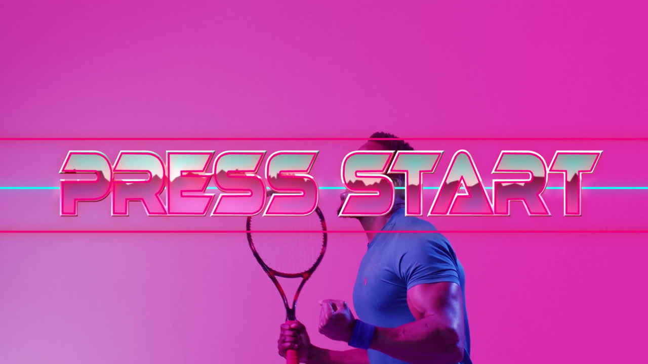 인쇄 시작 텍스트, 네온 패턴 아프리카계 미국인 남자 테니스 선수