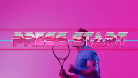 animation of press start text, neon pattern african american male tennis player