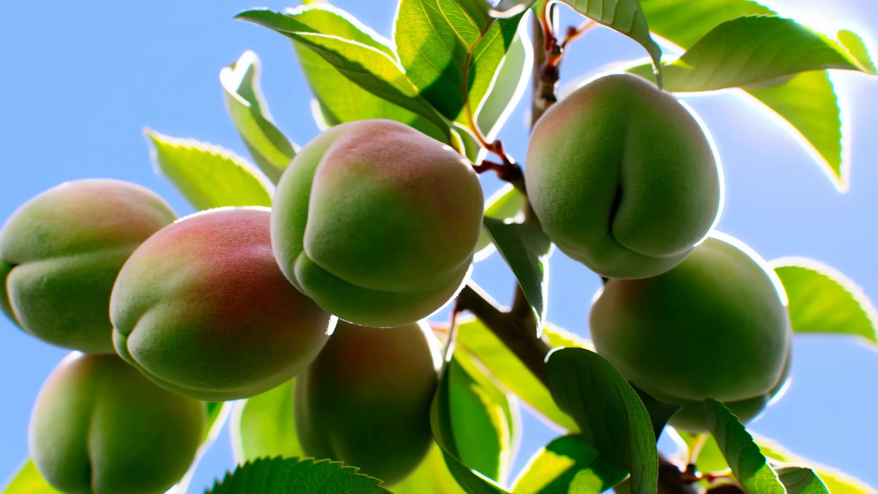 Buah persik mentah bergerombol tergantung dari dahan pohon buah-buahan yang berkayu dalam cahaya musim panas yang terang di luar ruangan, terlihat rendah di bawah langit biru cerah, dengan daun-daun yang bersinar, bayangan lembut, tekstur alami yang segar, dan buah yang sedang matang.