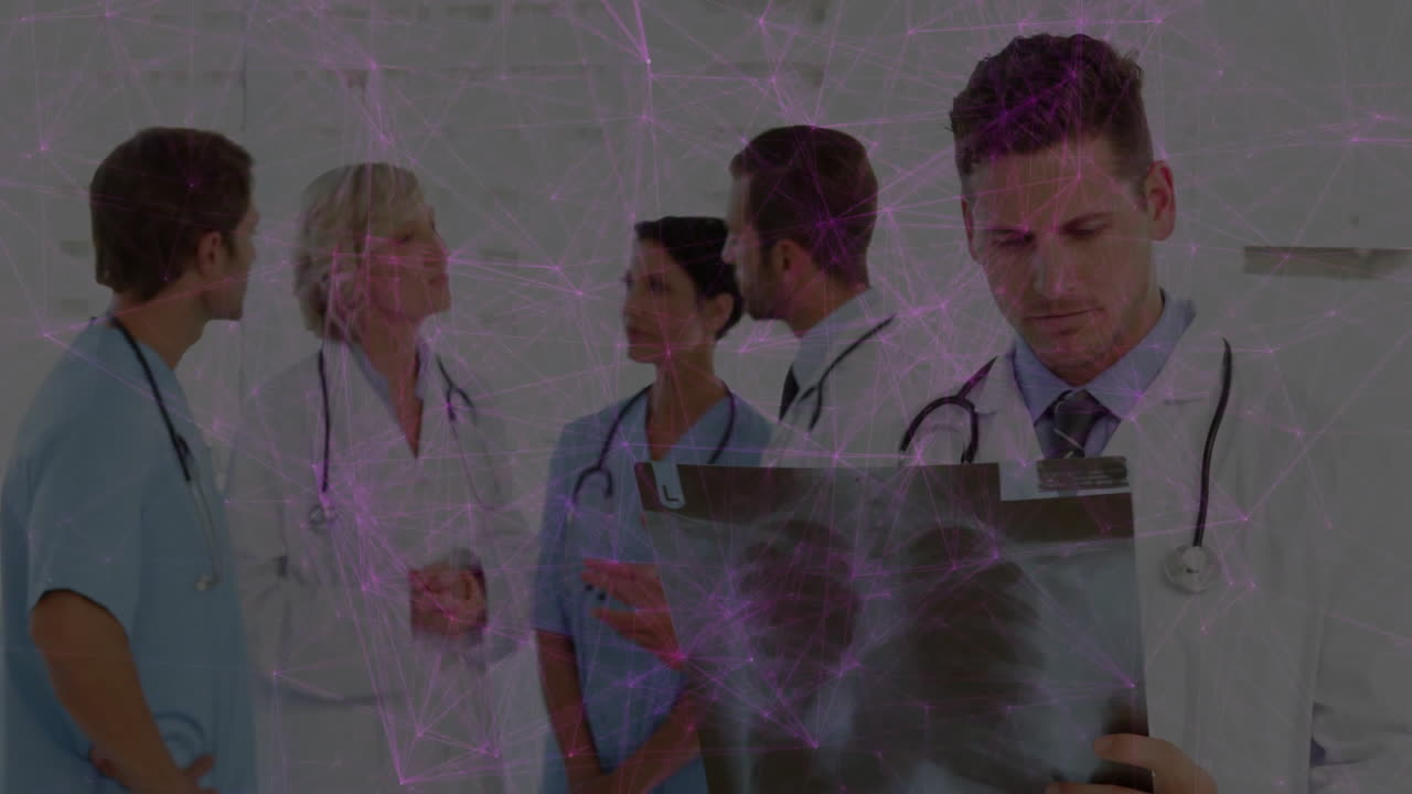 Medical team examining X-ray film in corridor, with animated stethoscope icons and chart graphs