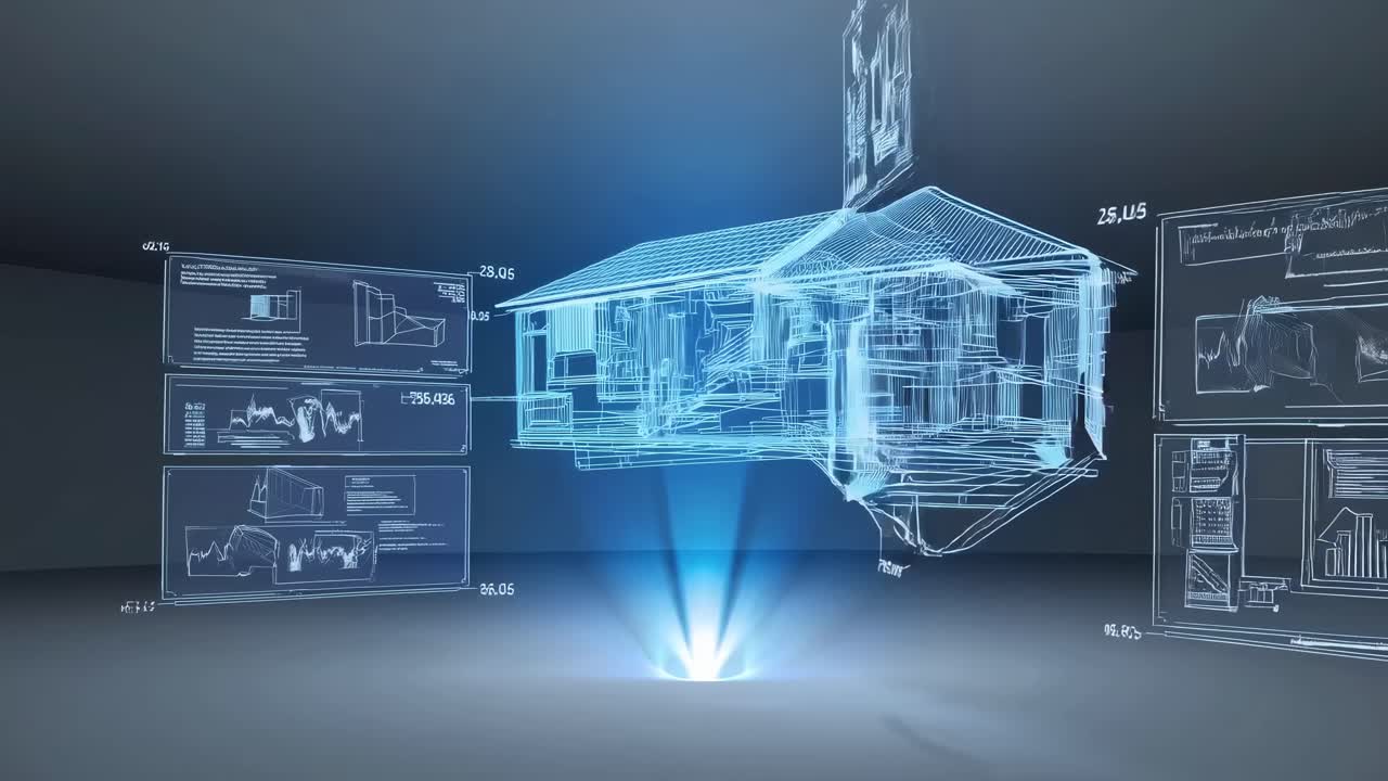 Futuristic video concept of a 3D holographic house blueprint