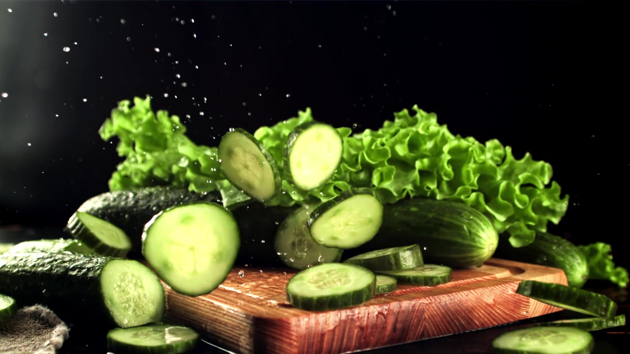 Fresh Sliced Cucumbers Falling onto a Cutting Board with Lettuce
