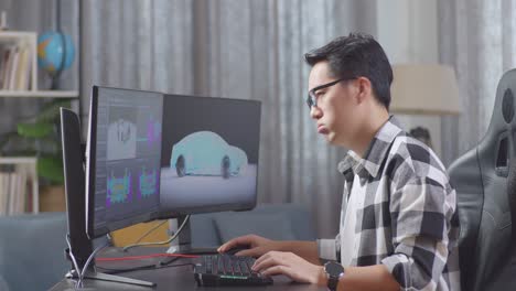 side view of asian male automotive designer shaking his head being tired working on 3d model of ev car on the desktop computers in the studio