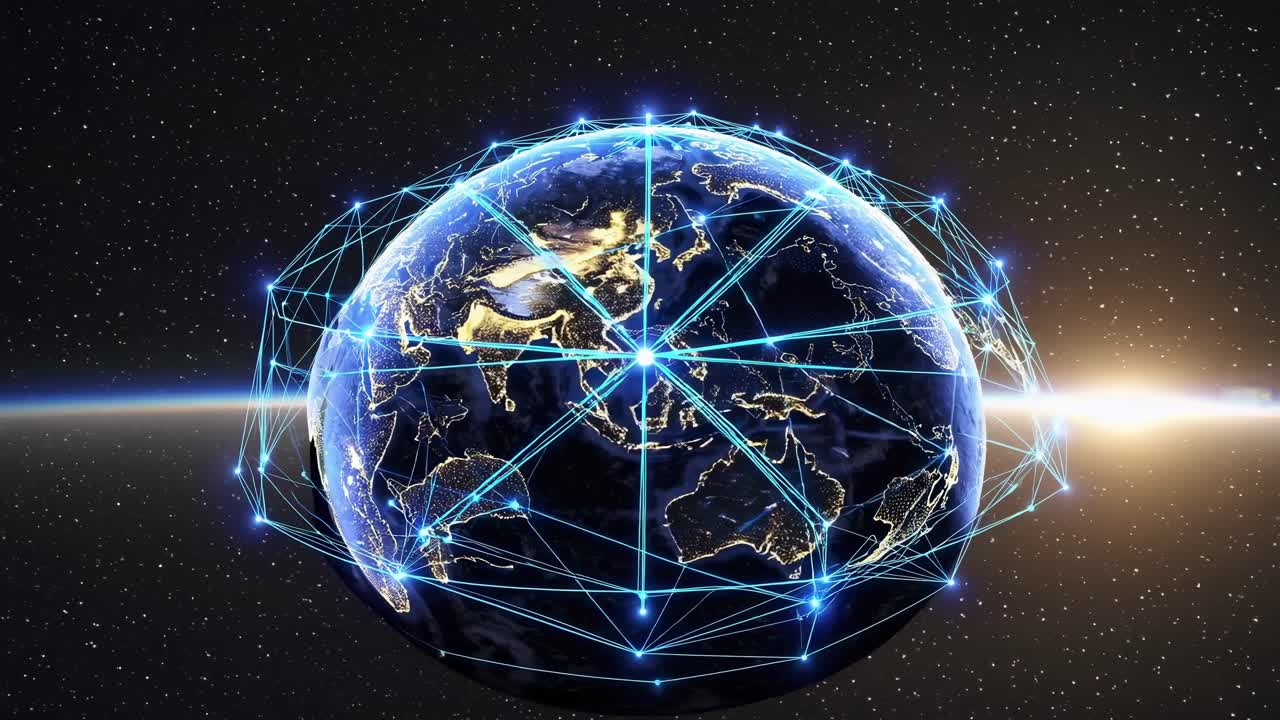 지구는 공간에서 천천히 회전하며, 복잡한 연결망이 시간이 지남에 따라 성장하며, 글로벌 통신, 인터넷 및 기술을 상징합니다.