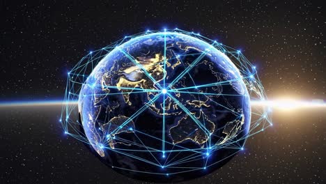 planet earth rotating slowly in space with a complex network of connections growing over time, symbolizing global communications, internet and technology