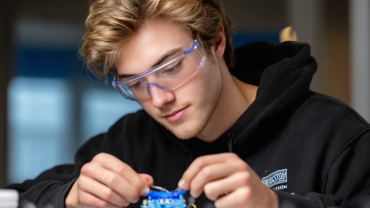 Focused Young Man Engaged in Precision Electronics Assembly with Safety Glasses, Carefully Handling Components in a Modern Workspace