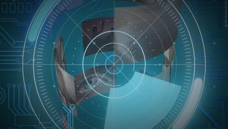 animación del escaneo del alcance, la placa de circuitos informáticos y el procesamiento de datos en pantallas