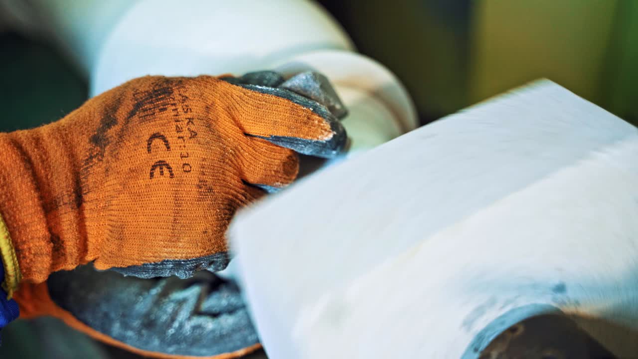la mano de un trabajador con guante de protección está sosteniendo la piedra en la máquina eléctrica.