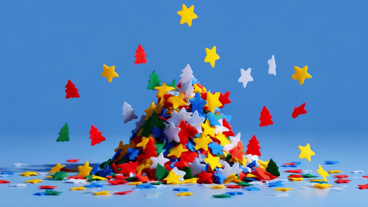 A Vibrant Pile of Colorful Star and Tree-Shaped Confetti on a Blue Surface, Capturing the Playful Spirit of Celebration and Festivity, Adding a Touch of Whimsy to Any Decorative Setting