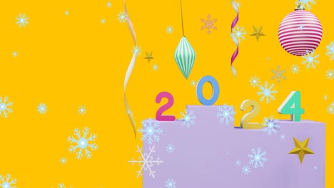 Animation-of-2024-text-and-christmas-decorations-in-background