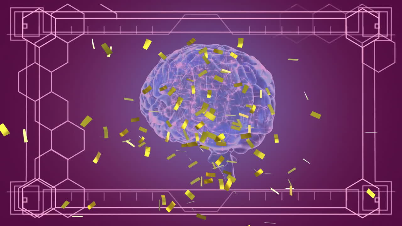디지털 뇌와 검은색 배경의 모양에 대한 콘페티의 애니메이션