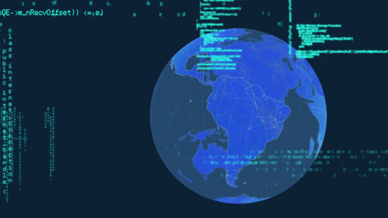 Animation of data processing and networks of connections over navy background