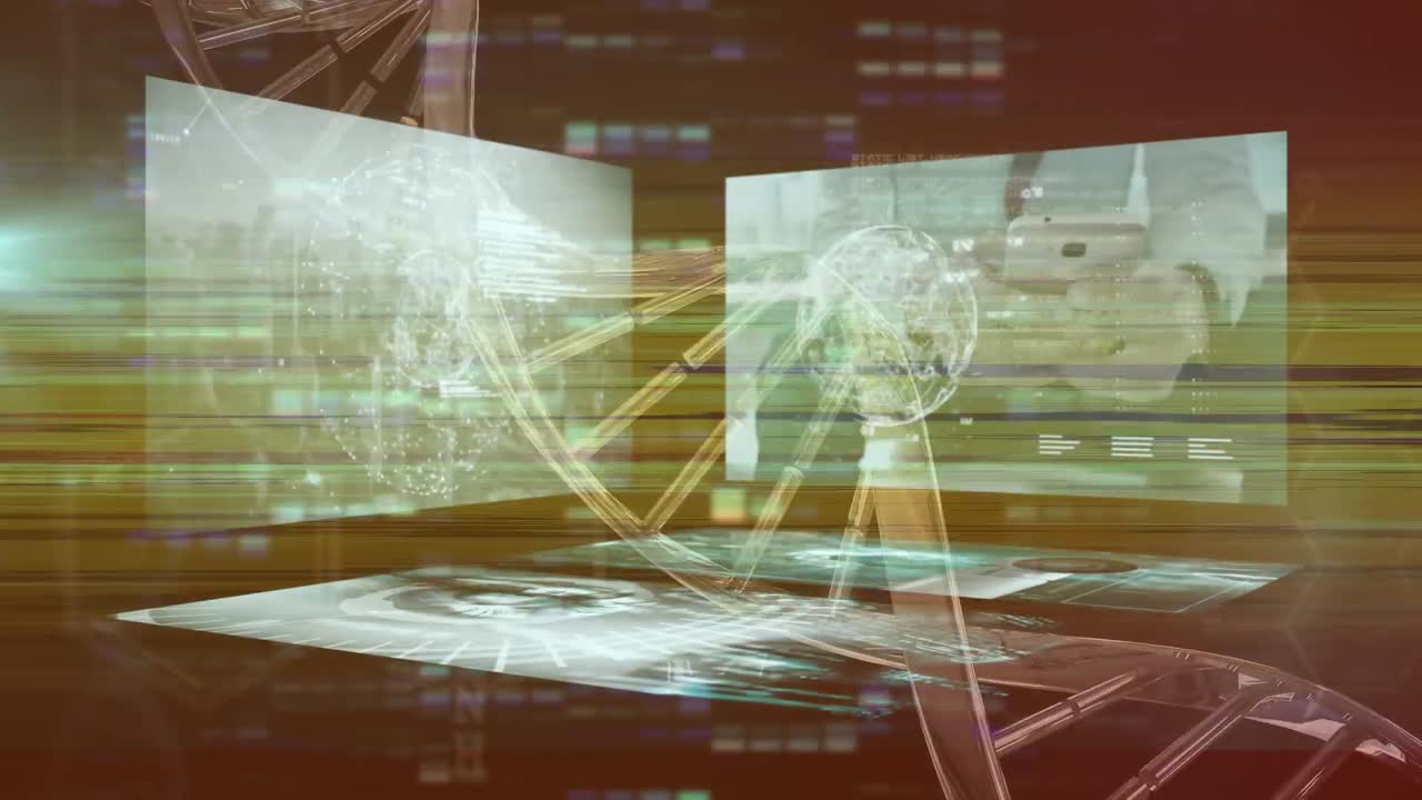 dna 가닥의 애니메이션과 오렌지색 배경의 데이터 처리