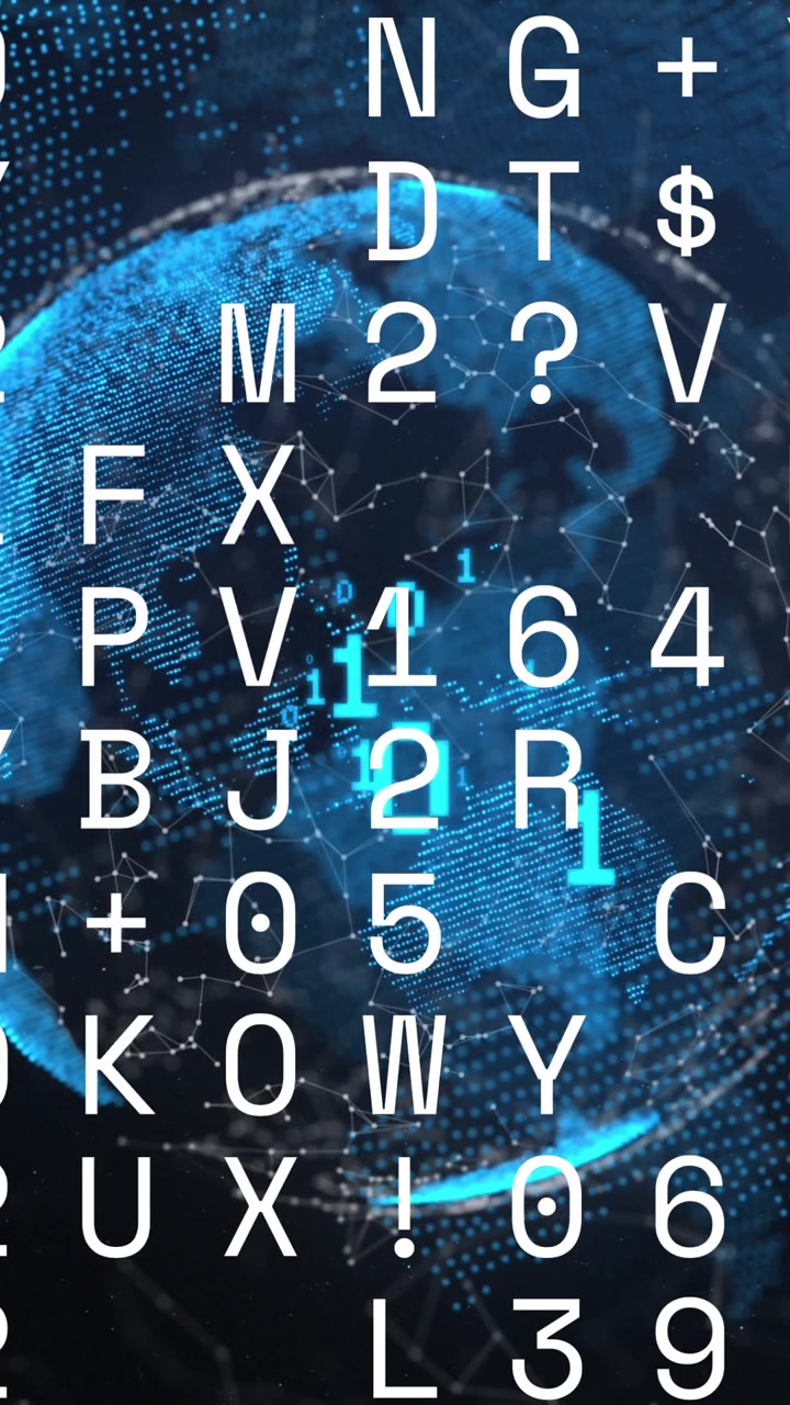Animazione di numeri e alfabeti che cambiano su globo rotante su sfondo blu.