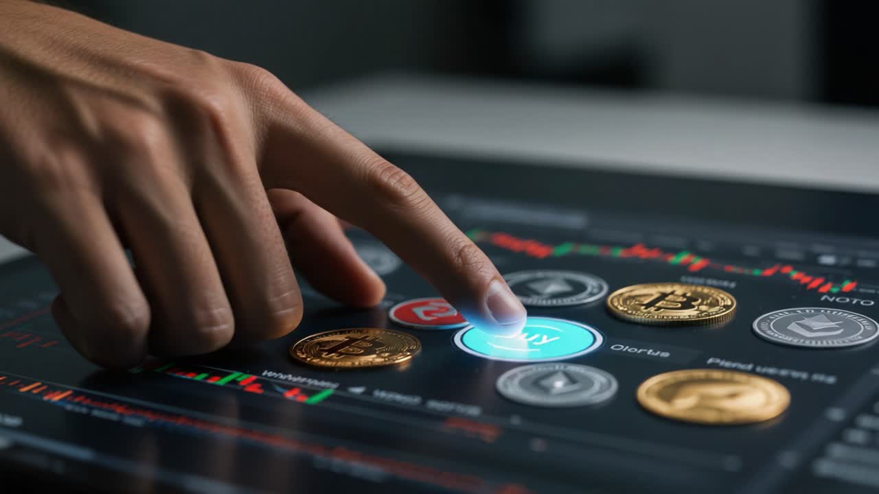 A User Engages with Cryptocurrency Trading Interface, Emphasizing the Action of Buying Digital Assets through Touchscreen Technology and Financial Charts