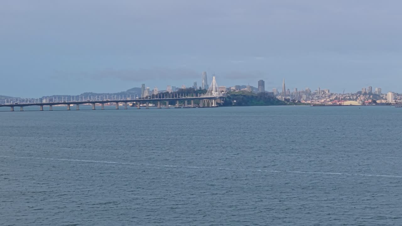 A distance view of the Bay Bridge in San Francisco California.