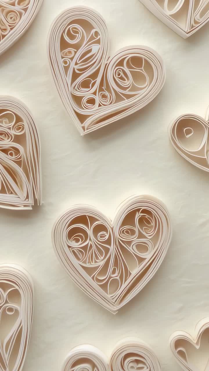 Video verticale: telecamera che si sposta verso l'alto all'inizio della clip, mostrando cuori realizzati con la tecnica del quilling in studio fino al cuore in alto al centro