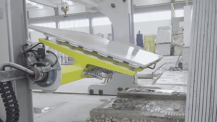 4k Robotic arm carrying marble stone in marble factory