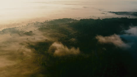 Majestuosa-Luz-Del-Sol-Cayendo-Sobre-El-Paisaje-Forestal-Cubierto-De-Niebla-Junto-Al-Hermoso-Lago,-Tiro-Aéreo