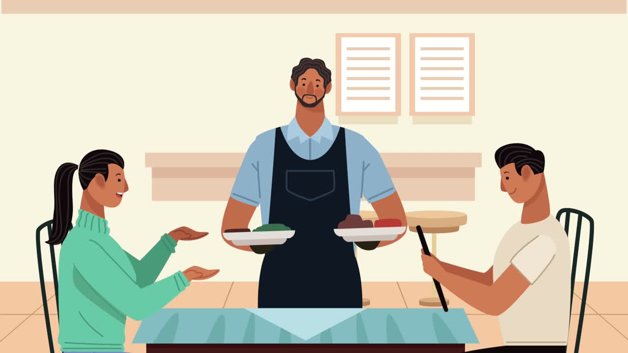 couple in restaurant with waiter animation
