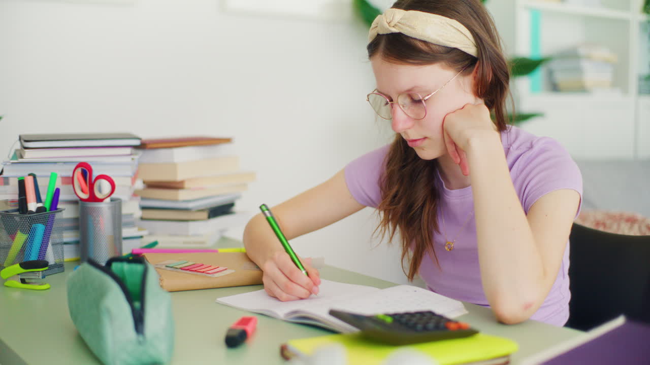 Concentrated Young Student Doing Homework at Her Desk at Home