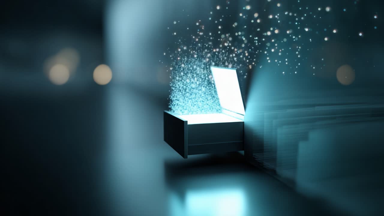Un cassetto enigmatico: particelle scintillanti emergono da un contenitore aperto illuminato su uno sfondo tenue, evocando un senso di mistero e meraviglia