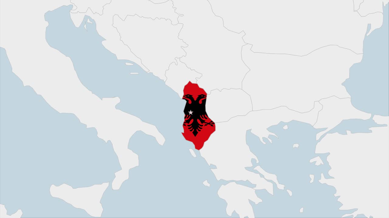 알바니아 지도는 알바니아 국기 색상과 국가 수도 티라나의 핀으로 강조되어 있습니다.