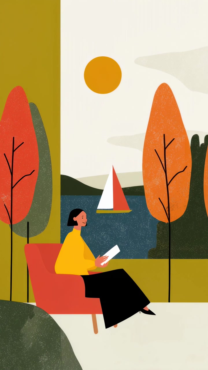 Illustrazione animata di una donna che legge in riva a un lago