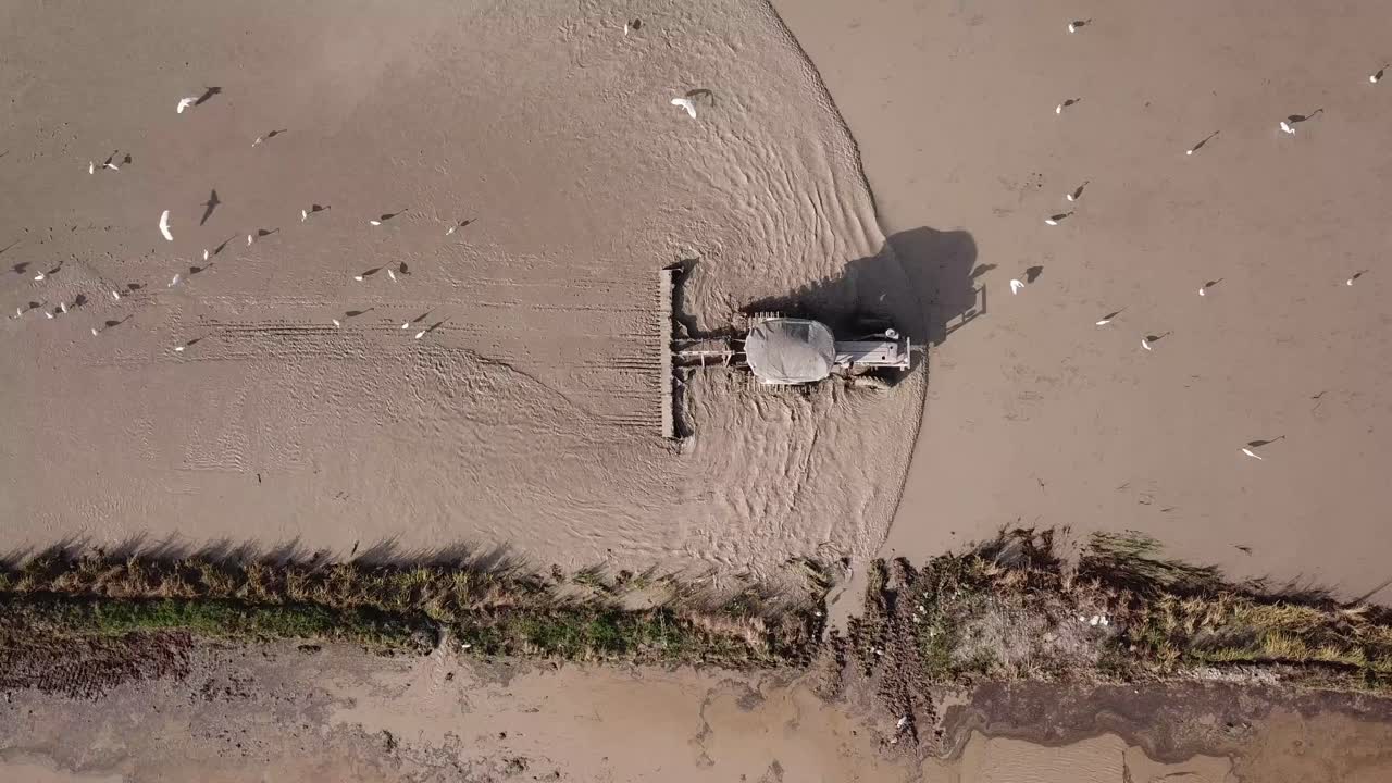 Aerial tractor plow during cultivation of the soil at Malaysia, Southeast Asia.