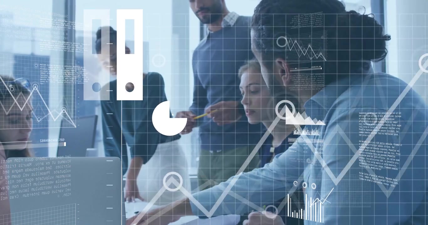 Man pointing at laptop initiating cloud data review colleagues analyzing graphs refining strategy
