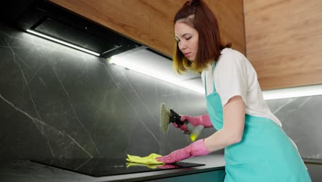 vista lateral de una confiada dama de limpieza morena en una camiseta blanca y un delantal azul lavando una estufa electrónica usando un trapo y detergente en la cocina en un apartamento moderno