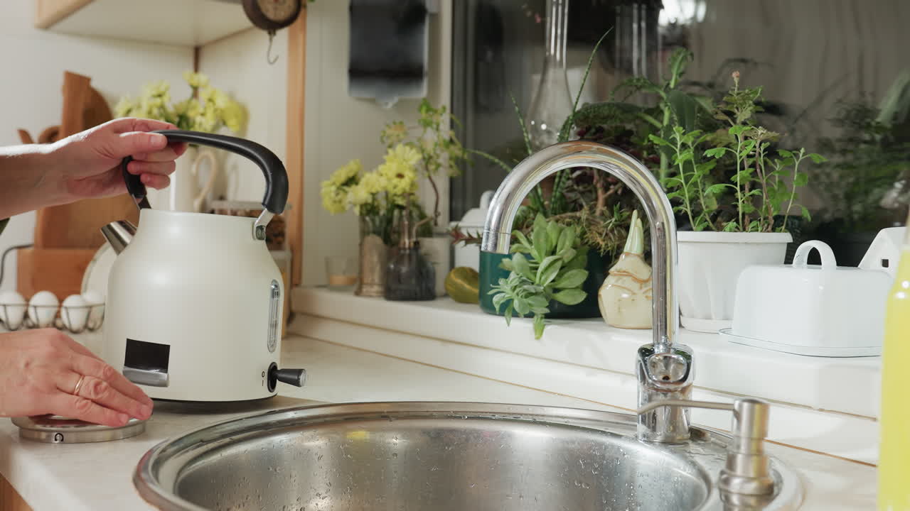 Close up of woman opening electric kettle near kitchen sink to fill with water from faucet, with water drops visible on stainless steel sink and vibrant indoor plants creating cozy kitchen