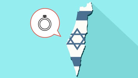 animación de una larga sombra mapa de israel con su bandera y un globo cómico con un anillo de diamante de boda