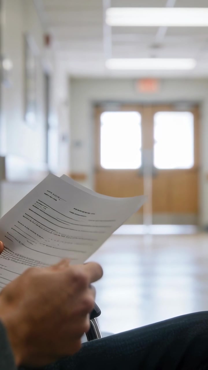 Video verticale: La telecamera si allontana mostrando un uomo in abito scuro che sfoglia documenti in attesa in clinica, con le porte di uscita.