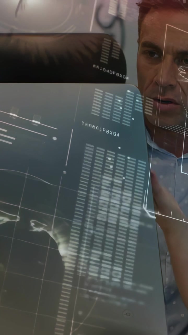 Vertical video: Man entering and leaning on clear HUD, map updating while analyzing market data