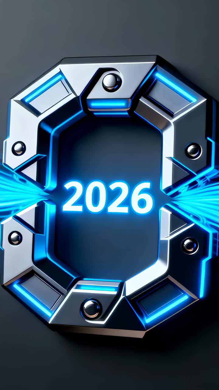Video verticale: convergenza di raggi blu che colpiscono un anello ottagonale in studio, espellendo frammenti e mostrando il 2026