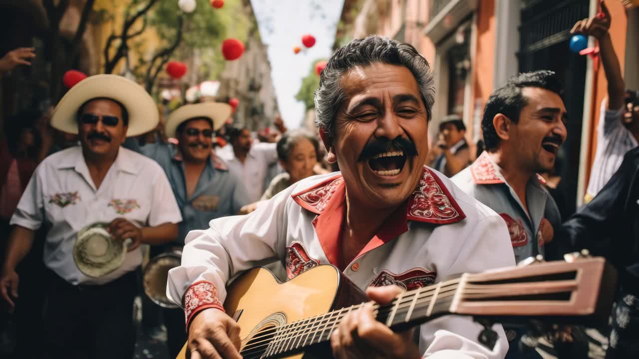Street festival video with a lively band playing guitars. Captured at eye level, showcasing vibrant