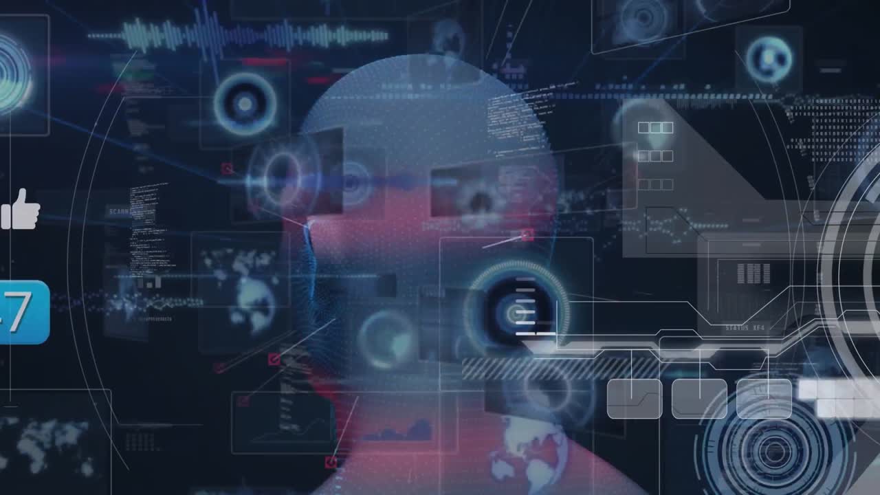 animación de la interfaz con procesamiento de datos sobre el modelo de cabeza humana girando contra un fondo azul