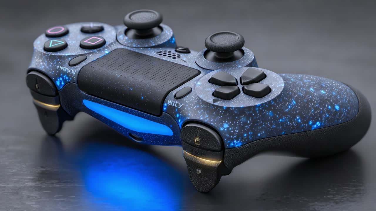 A Stunning Close-Up of a Starry-Themed Game Controller, Showcasing Its Unique Design and Illuminated Elements, Perfect for Gamers and Enthusiasts Alike